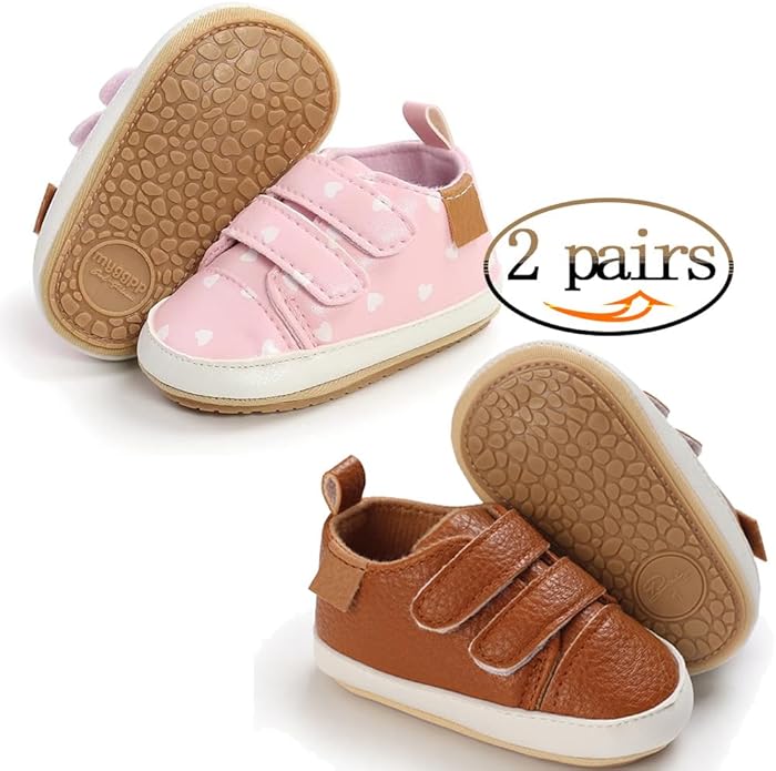 2Pairs Baby Shoes,Boys Girls Non-Slip Rubber Sole Sneakers,Unisex Infant Soft Lightweight First Walking Crib Shoes
