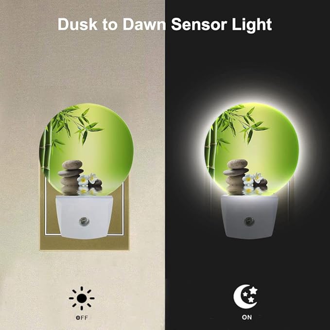 EKOBLA Meditation Night Light Bamboo Zen Stones Oriental Spa Peaceful Night Lights Plug into Wall Auto on/Off LED Round Lamp for Men Women Home Living Room Bathroom