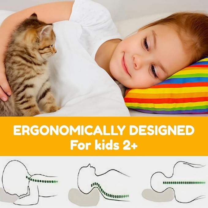 kinder Fluff Children Pillow (2Pk) 10x15in – First Pillow for Kids Age 2+, Bright Rainbow Design, 100% Cotton Sateen Stripe 300T, Down Alternative Fill, Machine Washable, Colourful Kids Cushion XS