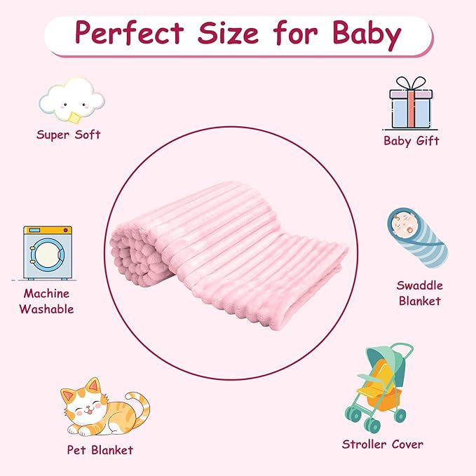 Soft Fleece Baby Blanket Ultra Cozy Pink Baby Blankets for Girls Warm and Lightweight Infant Toddler Newborn Receiving Gift with Reversible Stripes for Crib Stroller, 30x40 Inch, Light Pink