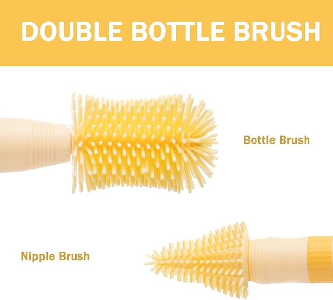 Travel Bottle Brush, 6-in-1 Portable Travel Bottle Cleaner Kit with Small Bottle Brush Built in Drying Rack, Nipple Brush, Straw Brush, Soap Dispenser, for Baby Bottles Under 8 OZ, BPA-Free(Yellow)