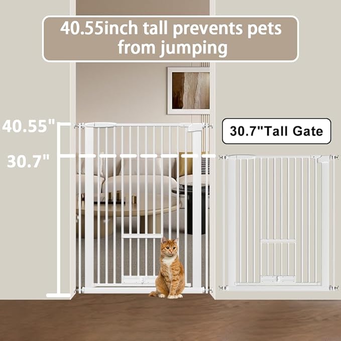40.55" Tall 1.37" Ultra Narrow Spacing 57.68-73.43" Extra Wide Dogs Pets Baby Gate with Cat Door for Doorway Safety Proof Indoor Puppy Pressure Mounted No Drill White Black Metal Hallway