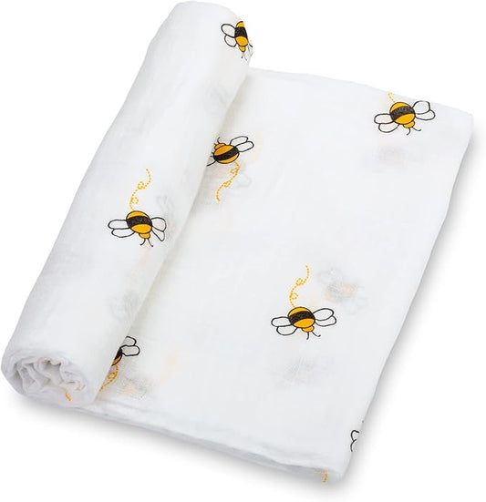 LollyBanks Baby Blanket, 100% Cotton Muslin Swaddle Blankets for Boys and Girls, Large 47 x 47 Inches Newborn Blanket, Soft and Breathable Baby Swaddle, Newborn Essentials, Registry (Bee Print)