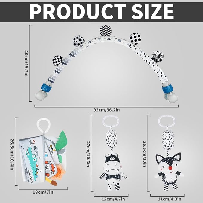 Caterbee Baby Activity Travel Mobile Arch Bassinet Toy, Black and White High-Contrast Bouncer Toy bar, Crib Toys with Hanging Animals, Stroller Attachment(Farm)