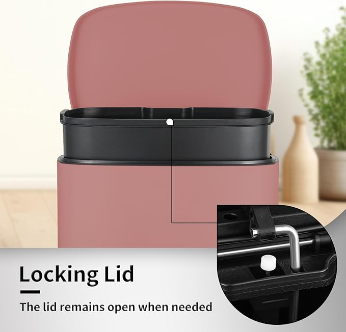 13.2+1.3 Gallon Trash Can Combo Set, Stainless Steel Garbage Bin with Pedal, Removable Inner Waste Bucket, Anti-Fingerprint, Soft-Close Locking Lid Dustbin for Kitchen, Bathroom, Office