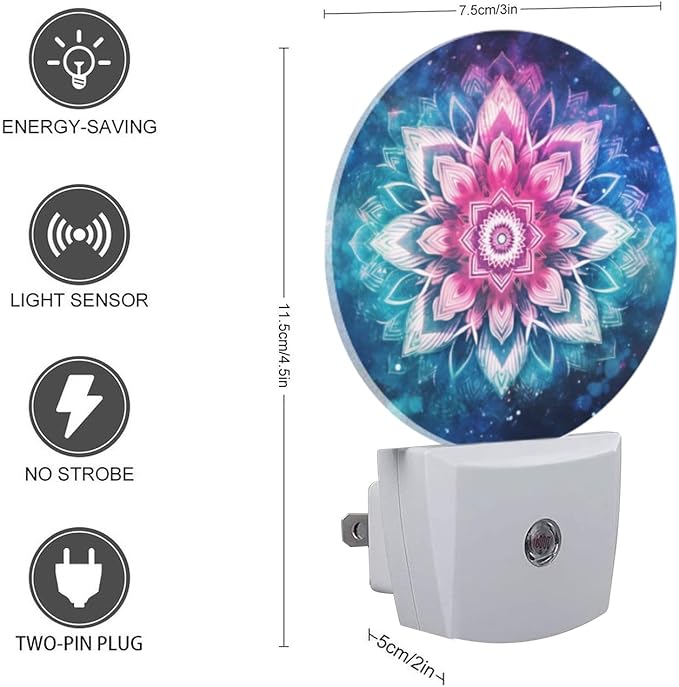 Round LED Night Lights Lamp with Dusk to Dawn Sensor, Mandala Flower with Pink and Blue Colors Night Light Plug Into Wall for Kids Room, Bedroom, Bathroom, Kitchen, Hallway