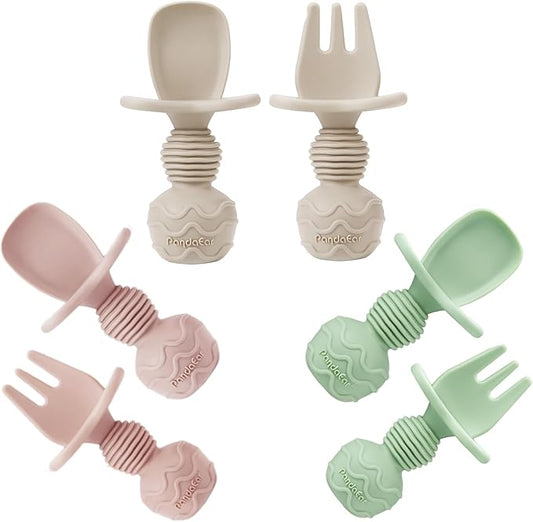 PandaEar 6 Pack Silicone Baby Spoons and Fork Feeding Set- Anti-Choke First Self Feeding Utensils for Baby Led Weaning Ages 3 Months (Pink, Green&Linen)
