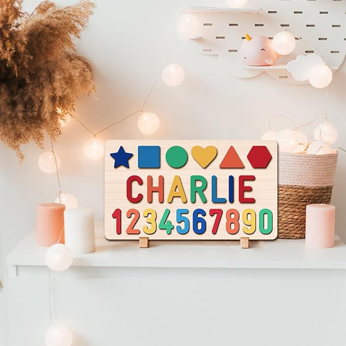 Name Puzzle for Kids Personalized, Wooden Shapes Name Puzzles for Toddlers 1-3, Engraved Text Greetings on Back, Custom Baby 1st Birthday Gifts for Girl&Boy, Kids Sensory Toys (Numbers Name Puzzle)