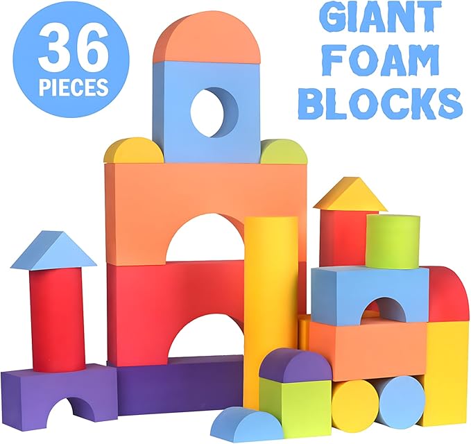 Migargle 36 Pieces Large Foam Building Blocks for Toddlers, EVA Soft Stacking Blocks, Baby Bath Foam Toy Set, Early Learning Construction Toys & Gifts for Kids, Boys & Girls