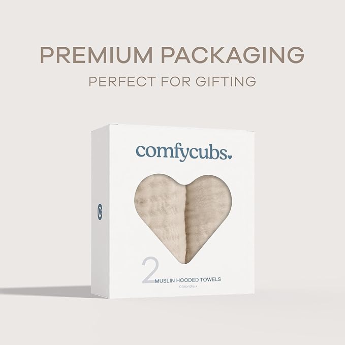 Comfy Cubs Hooded Baby Towel 2-Pack, Large 32 x 32 Inch - 6 Layer 100% Muslin Cotton for Babies, Toddlers and Kids - Soft & Absorbent Baby Bath Towels - Unisex Design for Bath Time - Sand