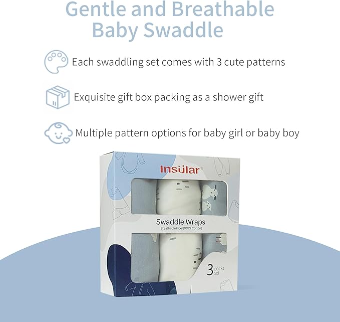 insular Baby Swaddle Wrap, Swaddle Blanket for Newborn and Infant, Adjustable Velcro Swaddling Set for Boy and Girl, Soft Cotton Baby Sleep Sack 3 Pack, Sheep, Small(0-3M)