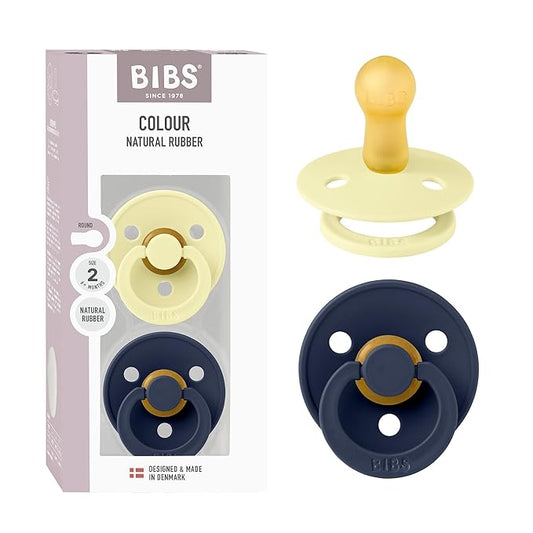 BIBS Colour Pacifier 2-Pack, BPA Free, Round Nipple. Natural Rubber Latex, Made in Denmark, Size 2 (6-18 Months) - Luna/Deep Space