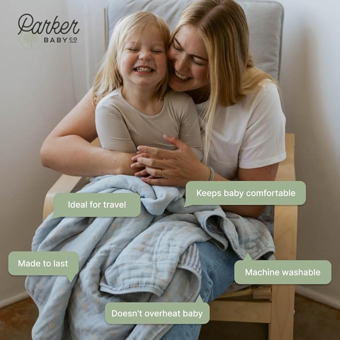 Parker Baby Muslin Blanket | 100% Soft Cotton Toddler Quilt & Baby Muslin Swaddle | Gender Neutral Design 47" x 47" Blanket