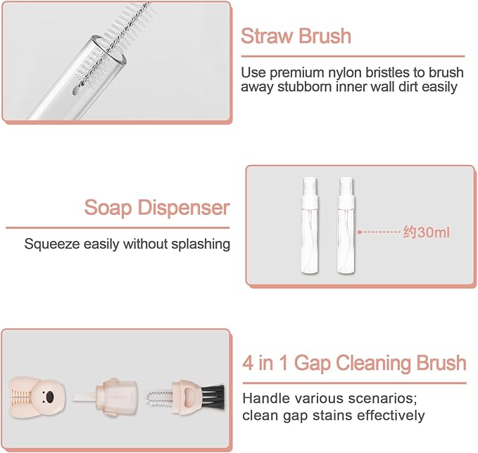 Travel Bottle Cleaner kit, 7 in1 Electric Baby Bottle Brush Cleaner Set with Silicone Brushes, Soap Dispenser, Drying Rack, Storage Box and Gap Cleaning Brush for Home Picnic Travel Outdoo