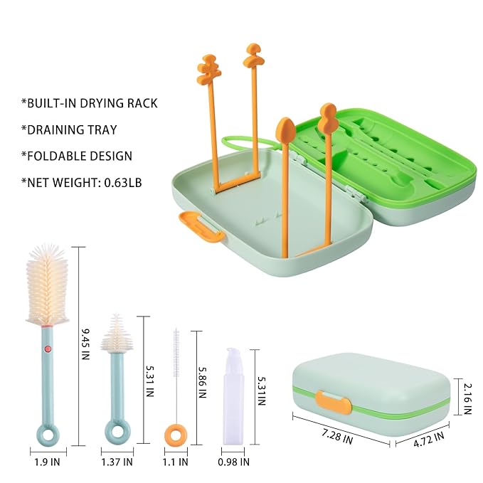 7in1 Travel Bottle Cleaner kit,Baby Essentials, with Bottle Brush、Nipple Brush、Straw Cleaner Brush、Soap Dispenser、Bottle Drying Rack、Drainage Tray、Storage Box,Baby Travel Essential (Green)
