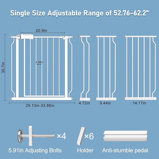 ALLAIBB Extra Wide Pressure Mount Baby Gate Auto Close White Metal Child Dog Pet Safety Gates with Walk Through for Stairs,Doorways,Kitchen and Living Room (52.76-62.2"/134-158cm)