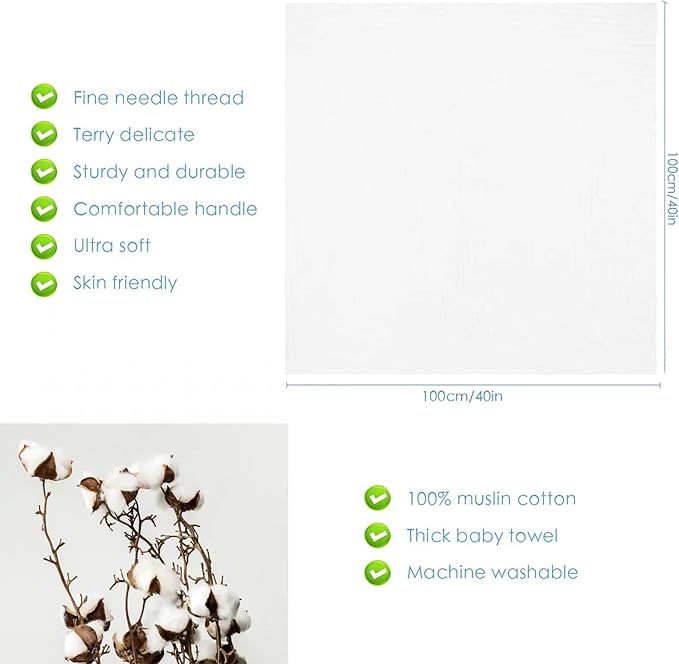 Baby Towels Muslin Bath Towel 3Pack Infant Towels for Newborn Boy Girl 6 Layers Ultra Soft Cotton Toddler Towel for Baby's Delicate Skin 40x 40 Inch (White & Pink)