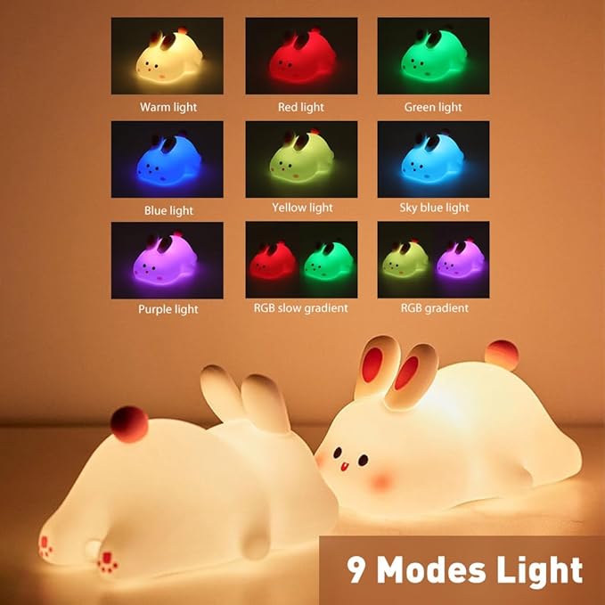 Bunny Night Light - 16 Color Kawaii Silicone Lamp, Rechargeable Dimmable Nursery Light, Soft Touch Rabbit Nightlight for Toddler Room, Baby Bedside Lamp for Girls and Boys