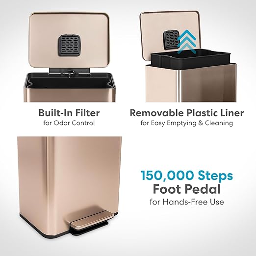SIMPLI-MAGIC 13.2 Gallon (50L) Step Trash Can – Kitchen Garbage Can with Slow-Close Lid – Odor Control, Hands-Free, Easy to Clean, Brushed Stainless Steel (Rose Gold)