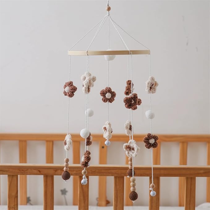 Baby Mobile for Crib - Modern Baby Mobile - Nursery Mobile for Girl or Boy - Hand-Crocheted Colourful Little Flower - Baby Crib Mobile for Boys Girls (B)