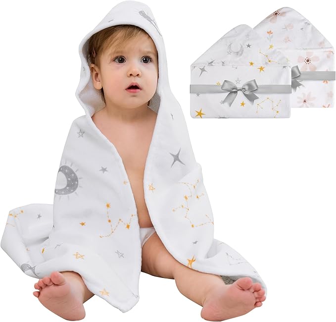 Viviland 2 Pack Hooded Baby Towels, Soft 100% Cotton Baby Bath Towels with Hood, Extra Thick and Absorbent, Essential for Newborns, Kids, Infants - Girls and Boys (Moon & Leaves)