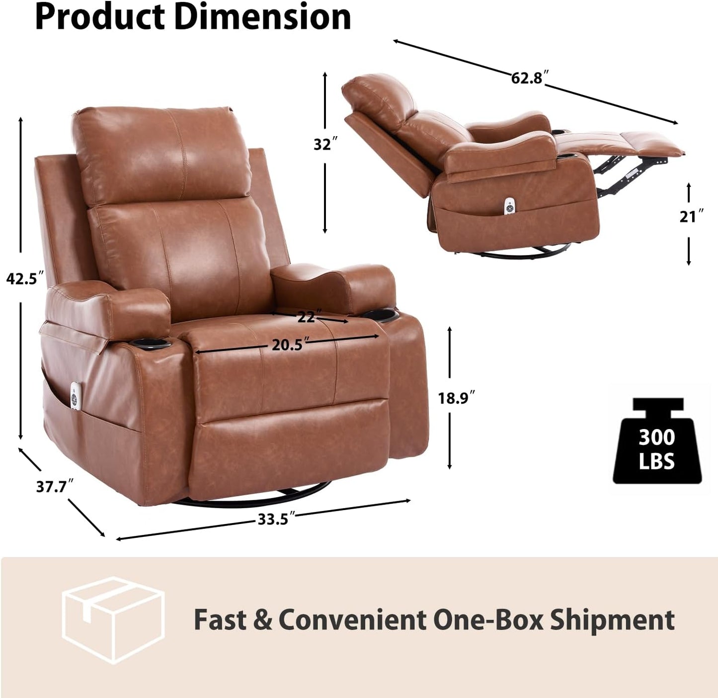 KCQ Electric Massage Recliner Chairs with Heat Overstuffed Faux Leather Power Rocking Reclining Chair with Cup Holders for Adults, Swivel Rocker Recliner Brown