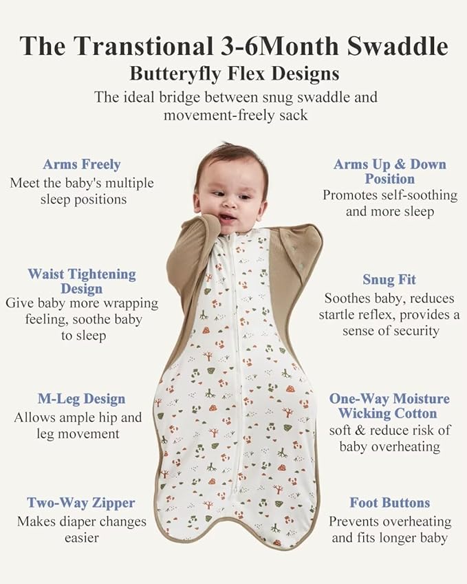 Transition Swaddle Sleep Sack, 3-6 Months, 12-18 lb, Arms In/Out, 2-Way Zipper, Moisture-Wicking Fabric, Improves Sleep, Snug Fit, Helps Calm Startle Reflex (Bear and the Forest)