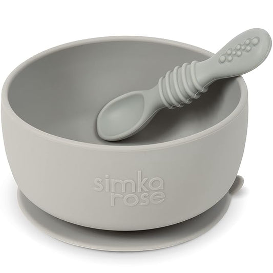 Simka Rose Baby Bowl & Spoon Set, Baby Bowls Suction for Toddler, BPA-Free Silicone Bowls Baby, Baby Bowl & Spoon Dishwasher & Microwave Safe Baby Feeding Supplies (Grey) - Silicone Suction Bowl