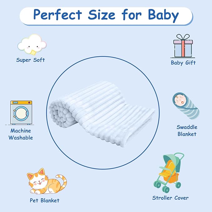 Soft Fleece Baby Blanket Ultra Cozy Blue Baby Blankets for Boys Warm and Lightweight Infant Toddler Newborn Receiving Gift with Reversible Stripes for Crib Stroller, 30x40 Inch, Light Blue