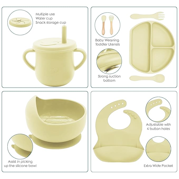 100% Silicone Baby Feeding Set,BPA Free Baby Dishes Set with Suction Bowl Divided Plate,Toddler Self Feeding Dish Set with Spoons Forks Sippy Cup and Bib, Baby Eating Utensils (Yellow)