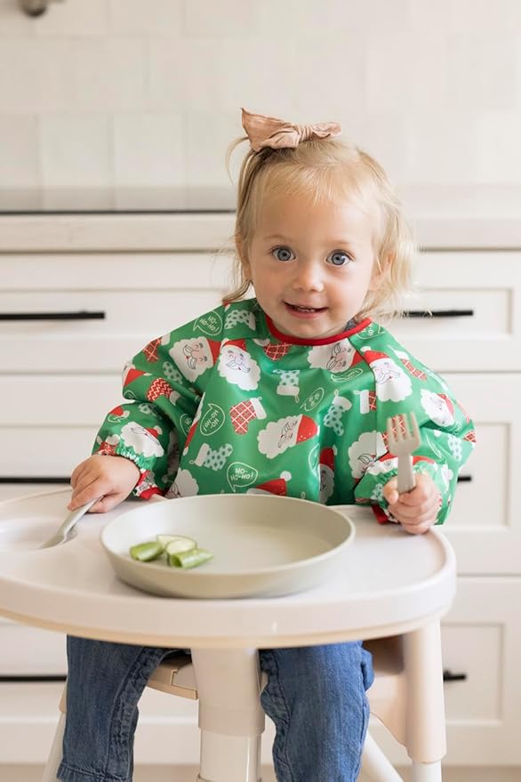 Tiny Twinkle Long Sleeve Bib for Babies & Toddlers – Waterproof Smock Bib for Eating – Machine Washable & Mess-Proof, Baby Feeding Essential & Shower Must-Have(Santa, 6–24M)
