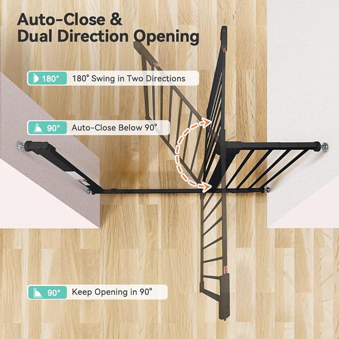 COMOMY 30" Tall Baby Gate for Stairs Doorways, Fits Openings 29.5" to 43.3" Wide, Auto Close Extra Wide Dog Gate for House, Pressure Mounted Easy Walk Through Pet Gate with Door, Black