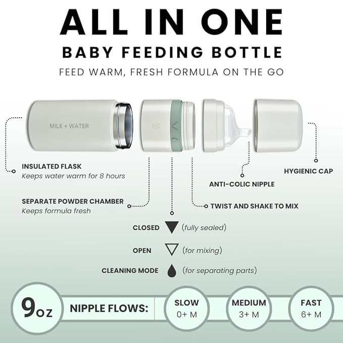 MILK & WATER All in One Baby Bottle & Baby Formula Dispenser On The Go, 9oz - Keeps Water Warm & Formula Fresh - Baby Formula Mixing Bottle with Anti Colic Nipple - Leak-Proof - 6+ Months (Green)