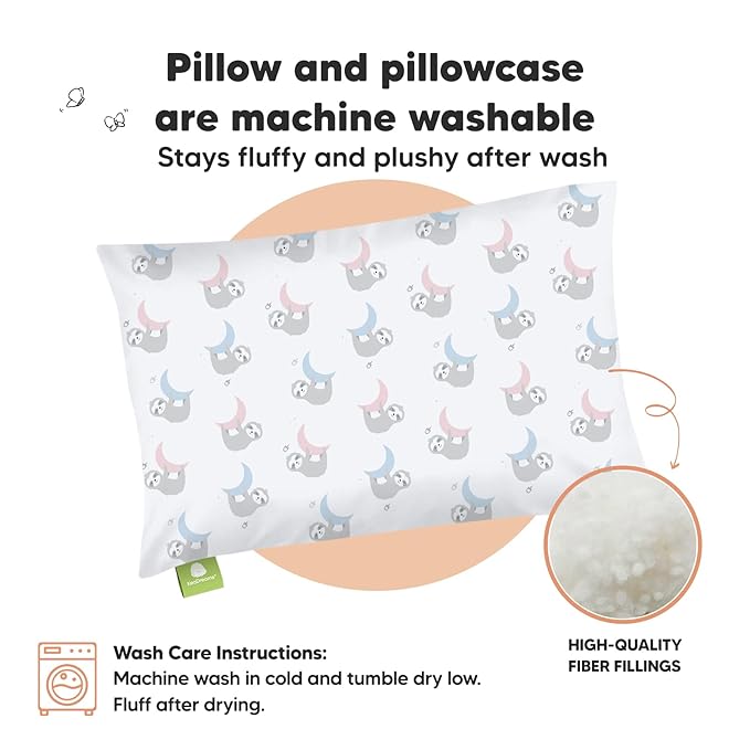 Toddler Pillow with Pillowcase - 13x18 My Little Dreamy Kids Travel Bed Pillows for Sleeping, Organic Cotton Small Pillowcase, Soft & Breathable, Machine Washable, Toddlers 2-5 Years Old (Moon Sloth)