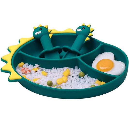 Suction Plates for Baby,Silicone Toddler Plates with Spoon Fork set Divided Dinosaurs Plates Self Feeding Training Baby Dinner Plate-Blue Dinosaurs Plate Set