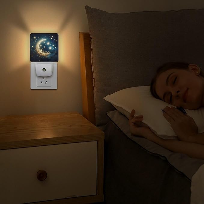 Moon and Starry Sky Night Light, Plug into Wall Decor Nightlights for Bedroom, Bathroom, Hallway, Kitchen, with Dusk to Dawn Light Auto Sensors LED Night Lights for Boys Girls Women Men Room Gifts