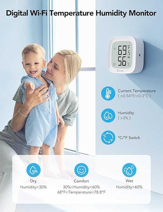 Govee WiFi Thermometer Hygrometer H5103, Indoor Bluetooth Temperature Humidity Sensor with Electronic Ink Display, App Notification Alert, Free Data Storage Export, Digital Remote Monitor for Bedroom