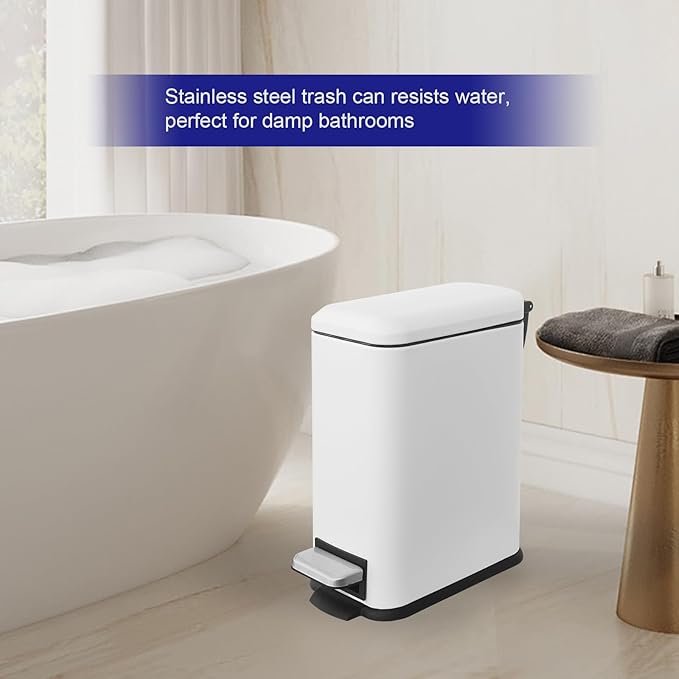 Bathroom Trash Can with Lid，5 Liter / 1.3 Gallon Small Trash Can with Removable Liner Bucket, Soft Close lid & Step Pedal, Stainless Steel Trash Bin for Bathroom,Bedroom,Home Office, White