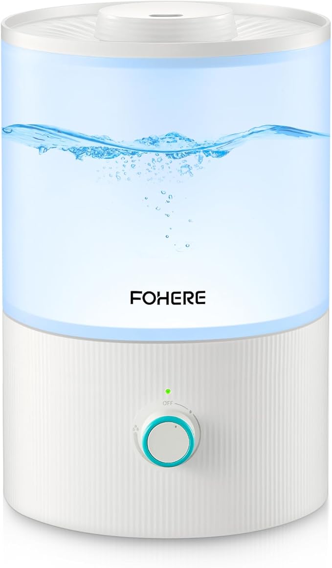 FOHERE Humidifier for Bedroom Baby, 3.2L Top Fill Cool Mist Humidifiers for Nursery, Home, 28H Ultra Quiet Runtime, Auto Shut-Off, Soft 7-Color Night Light, BPA-Free, Essential Oil Tray, White