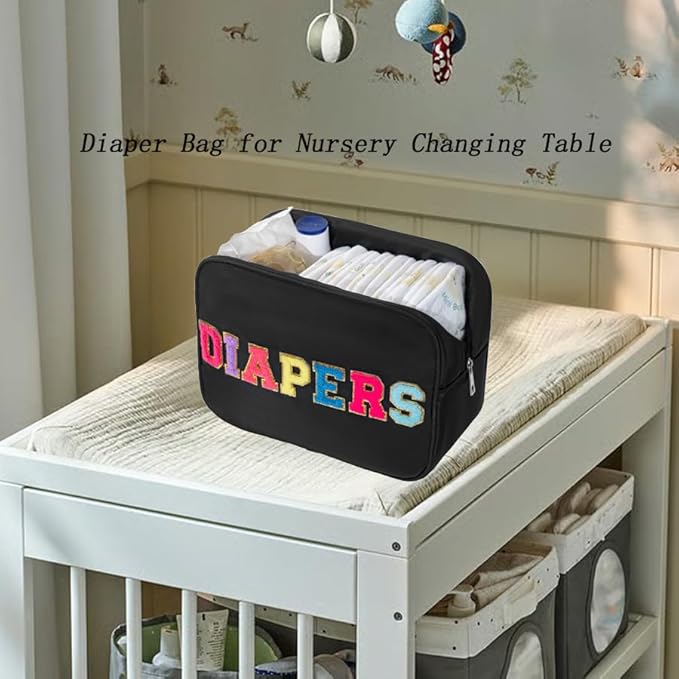 Chenille Letter Insulated Diaper Caddy Bag, Small Diaper Bag Organizer Pouch for Nursery Changing Table, New Born Baby Essential Storage Bag Diaper Pail Baby Shower Gifts for Mom To Be (Black)