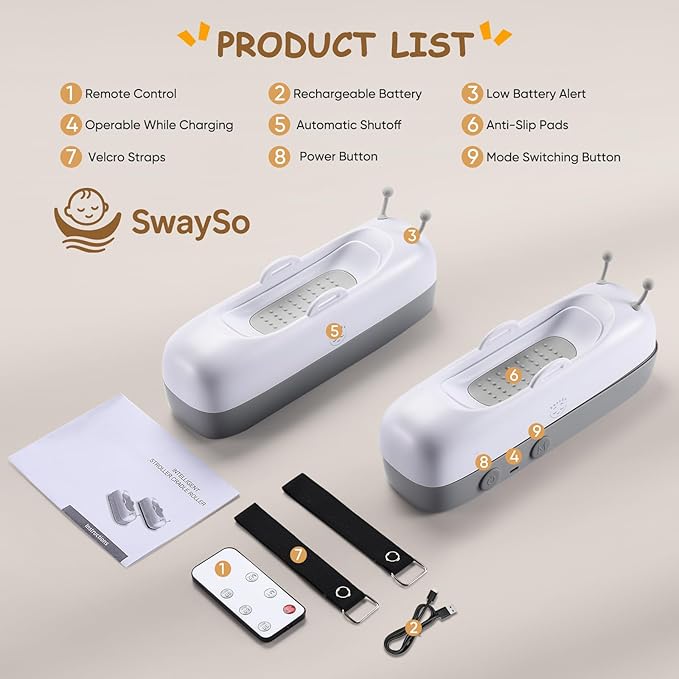 Intelligent Rocker Accessory for Baby Stroller - Automatic Soother for Peaceful Sleep - Type-C Rechargeable Cradle Roller with Adjustable Speed, Remote and Timer- Stroller Rocker & Bouncer-SwaySo