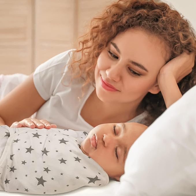 GLLQUEN BABY Swaddle Blankets for Baby Boy Girl, 3-6 Months, Gray Elephant Star & Stripe, 3 Pack Wrap Set, Newborn Adjustable Swaddles Sleep Sack,(Medium/Large)