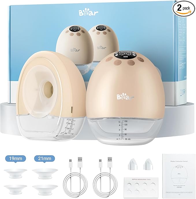 Bear Breast Pump Hands Free, Wearable Breastfeeding Pumps Strong Suction Low Noise, 4 Modes& 9 Levels Electric Breast Pump Portable, 19/21/24mm Insert Flange, 2 Packs