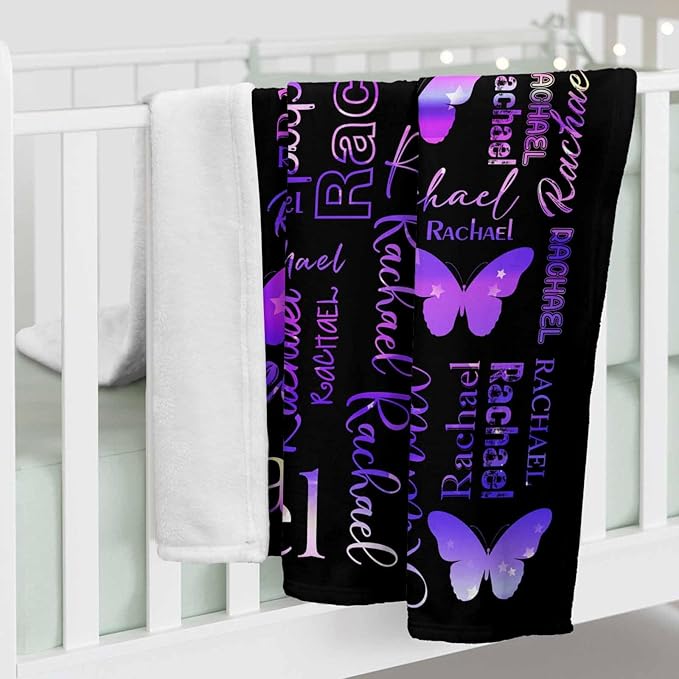 Personalized Name Blanket for Kids Adults, Custom Blanket with Name for Girls Boys, Purple Butterfly Blankets and Throws Super Soft Flannel Blankets Gifts for Christmas Birthday