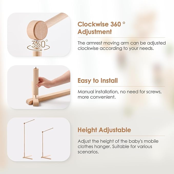 Floor-Standing Wooden Crib Mobile Arm 61 Inch | 360°Adjustable Movable Baby Mobile Hanger | Anti-Dumping Multifunction Mobile Arm for Crib | Adjustable Height Mobile Arm Nursery Decor