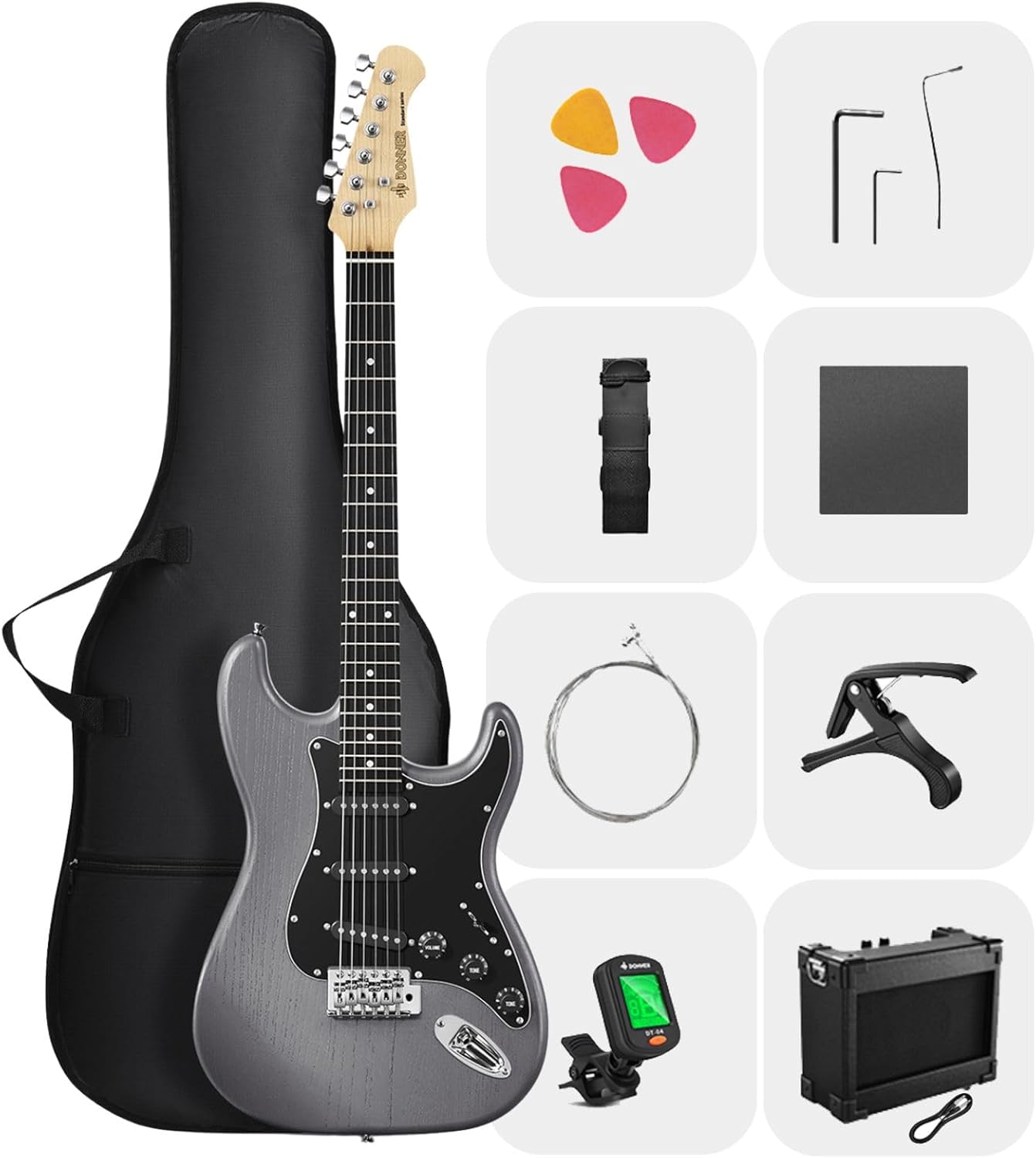 DONNER DST-80 Electric Guitar 39” Beginner Electric Guitar Kit with Amp, Classic SSS Pickup Complete with Gig Bag, Tuner, Capo, Strap, Picks, and Free Online Lessons