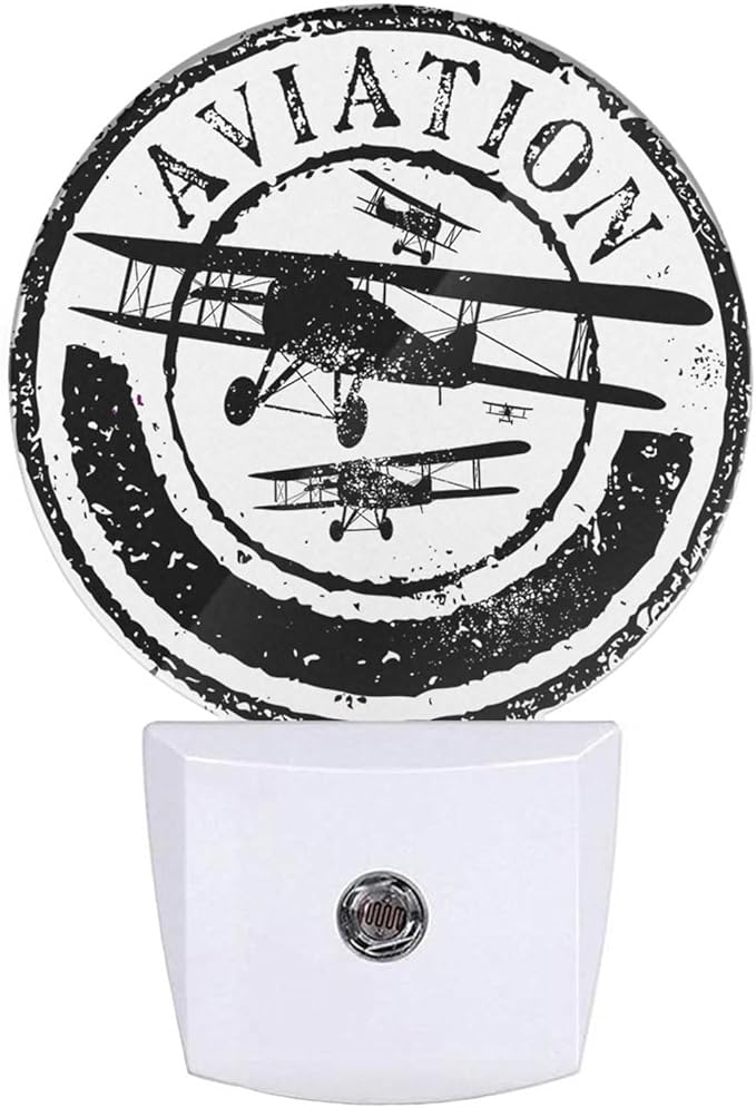 Vintage Airplane Night Light Aviation Rubber Stamp Black White Night Lights Plug into Wall with Dusk to Dawn Sensor Sleep Friendly lamp for Men/Women/Girls/Boys Gift