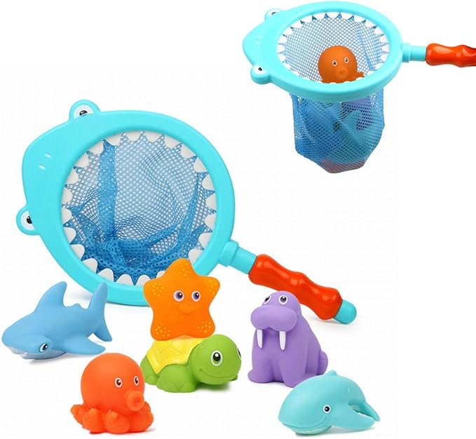 Bath Toy , Fishing Floating Animals Squirts Toys Games Playing Set with Fishing net , Fish Net Game in Bathtub Bathroom Pool for Babies Toddlers and Kids (Dark Blue)