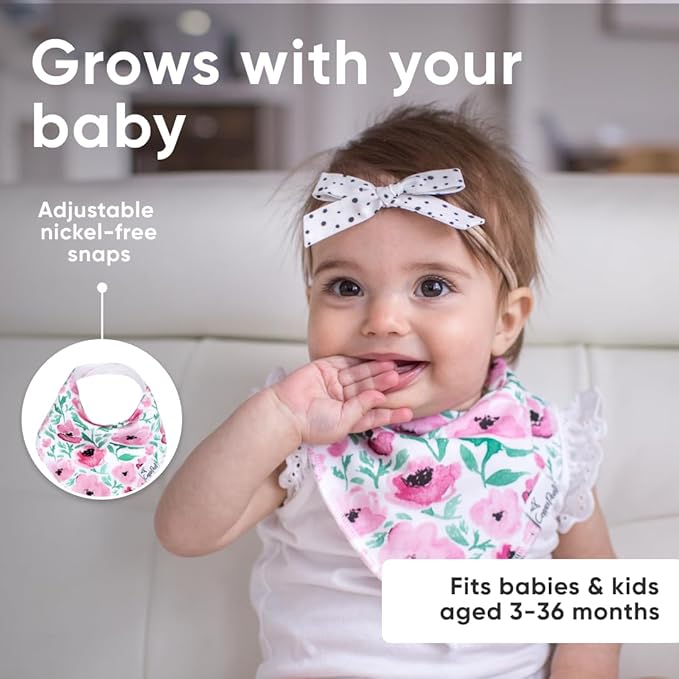 Copper Pearl 4 Pack Soft Cotton Baby Bibs for Drooling and Teething, Absorbent Drool Bibs for Baby Girl and Boy, Adjustable to Fit Newborns to Toddlers, Tons of Styles (Bloom)