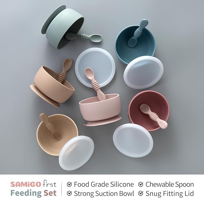 SAMiGO Silicone Baby Bowl and Spoon Set with Suction and Lid, First Stage Self Feeding Essentials, Food Bowl for 6+ Months